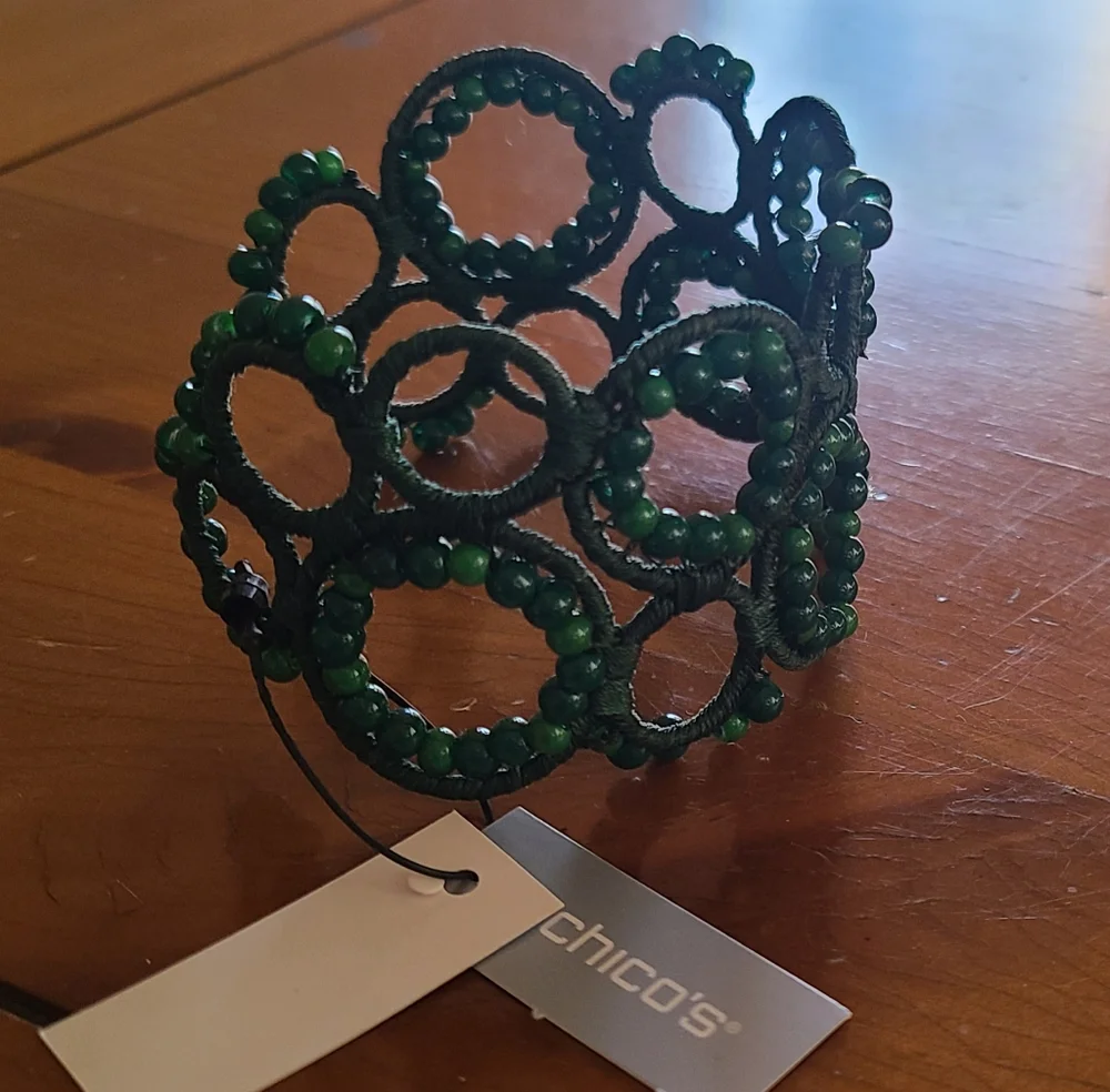 Chicos dark green beaded cuff bracelet. New with tags.